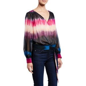 Tanya Taylor Klara Tie Dye Surplice Smocked Long Sleeve Silk Blouse in Pink Blue